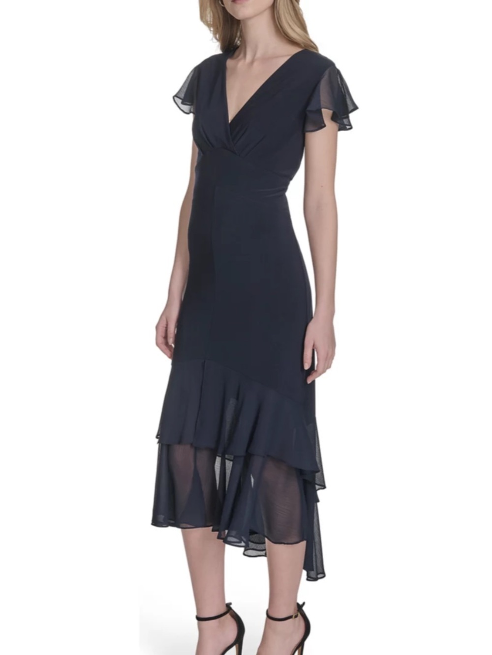 NWT Tommy Hilfiger Black Mixed Media High-Low Ruffled Dress—Sz 6